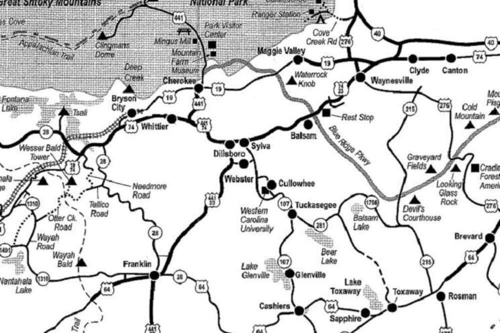 A black and white map showing roads and towns in the Great Smoky Mountains region.