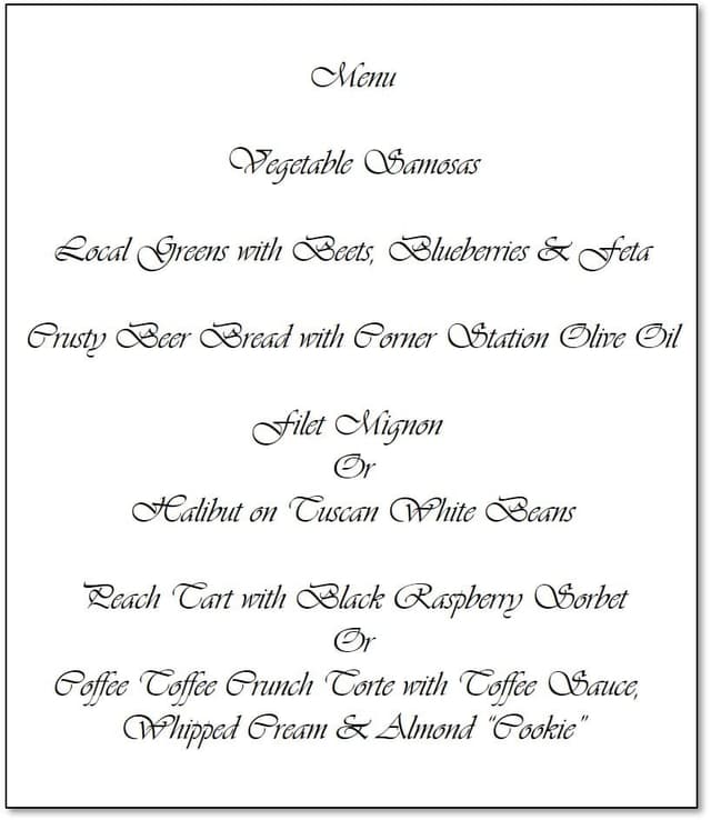 A formatted menu featuring appetizers, main courses, and desserts.