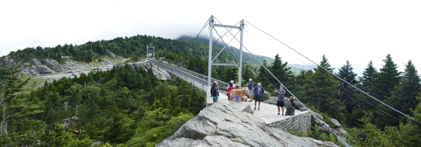 A group of people stands on a rocky outcrop near a suspension bridge surrounded by dense greenery and misty mountains.