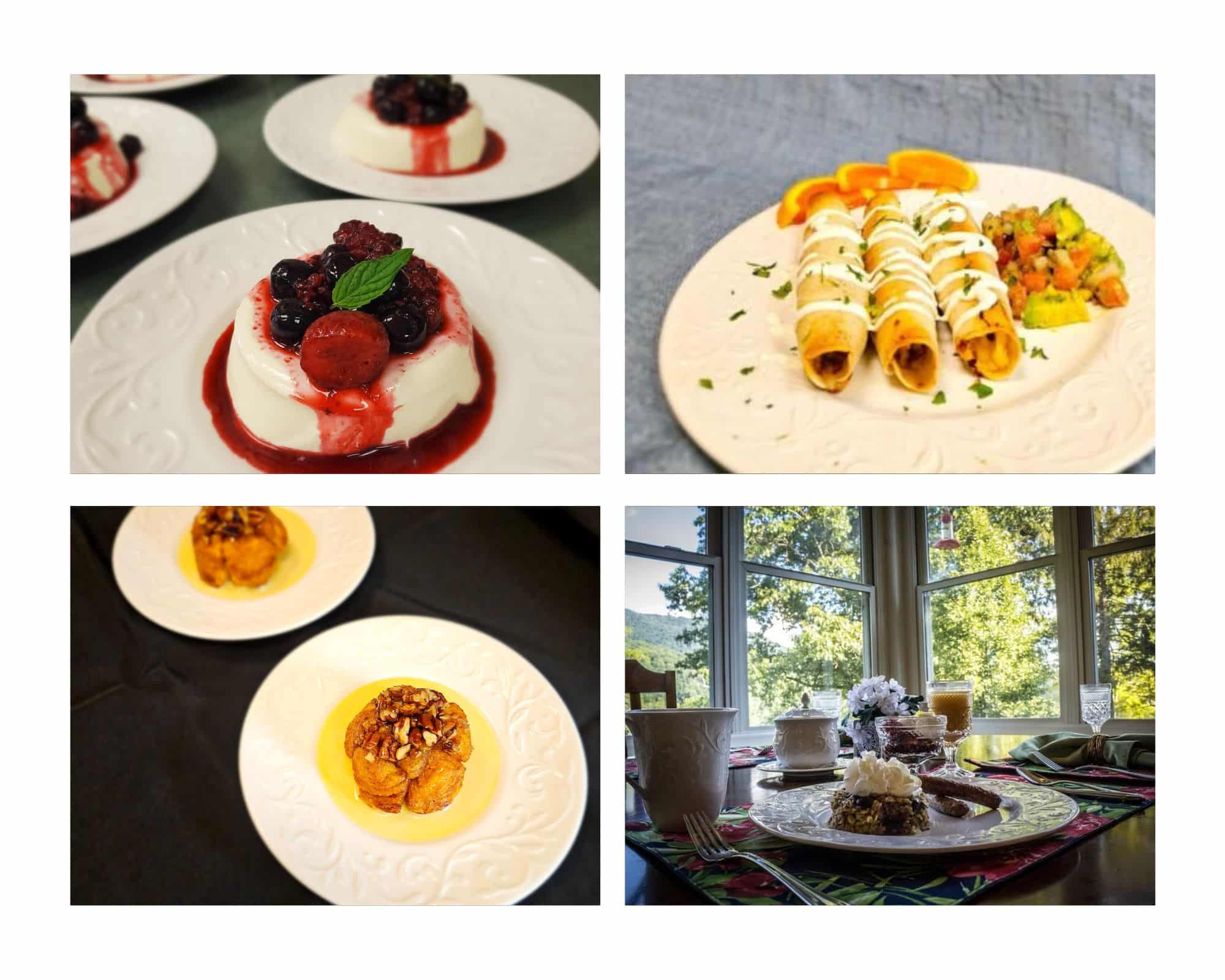 A collage of four dishes including panna cotta with berries, taquitos with salsa, a baked dessert, and an elegantly set table with various treats. A collage of four dishes including panna cotta with berries, taquitos with salsa, a baked dessert, and an elegantly set table with various treats.