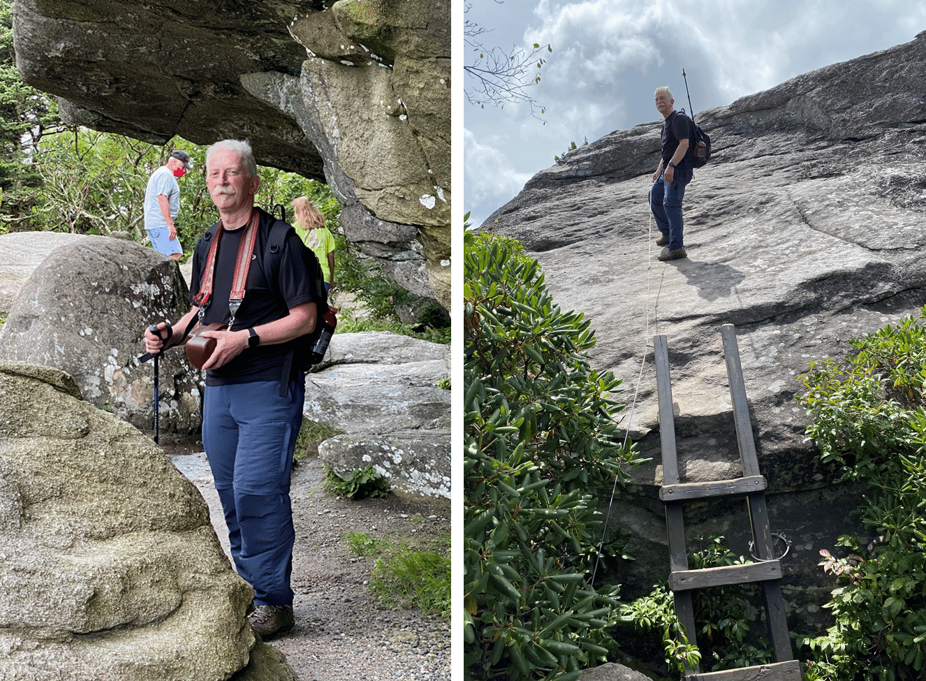 Two images side by side: on the left, a man stands among large rocks, and on the right, he climbs a steep rock face using a wooden ladder.