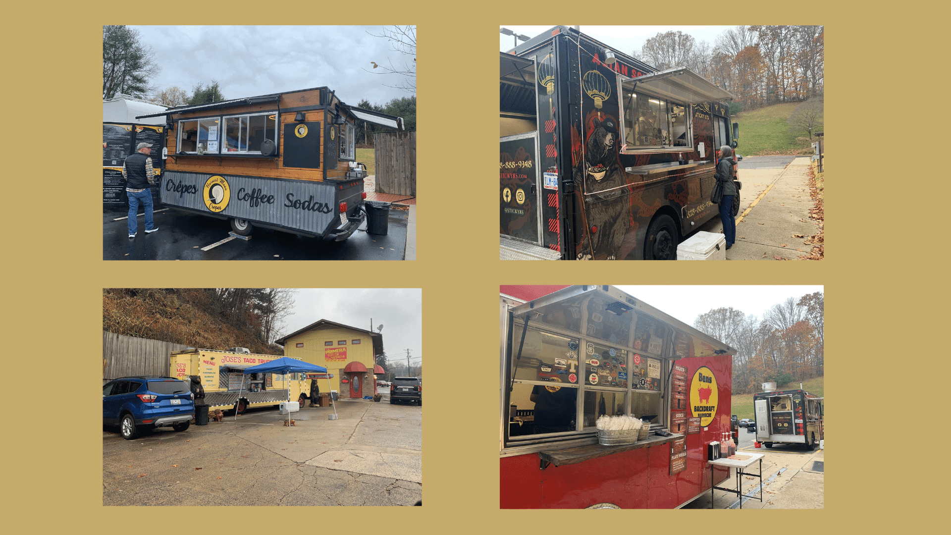 Four food trucks are showcased, featuring various cuisines and setups in a parking area during a cloudy day.