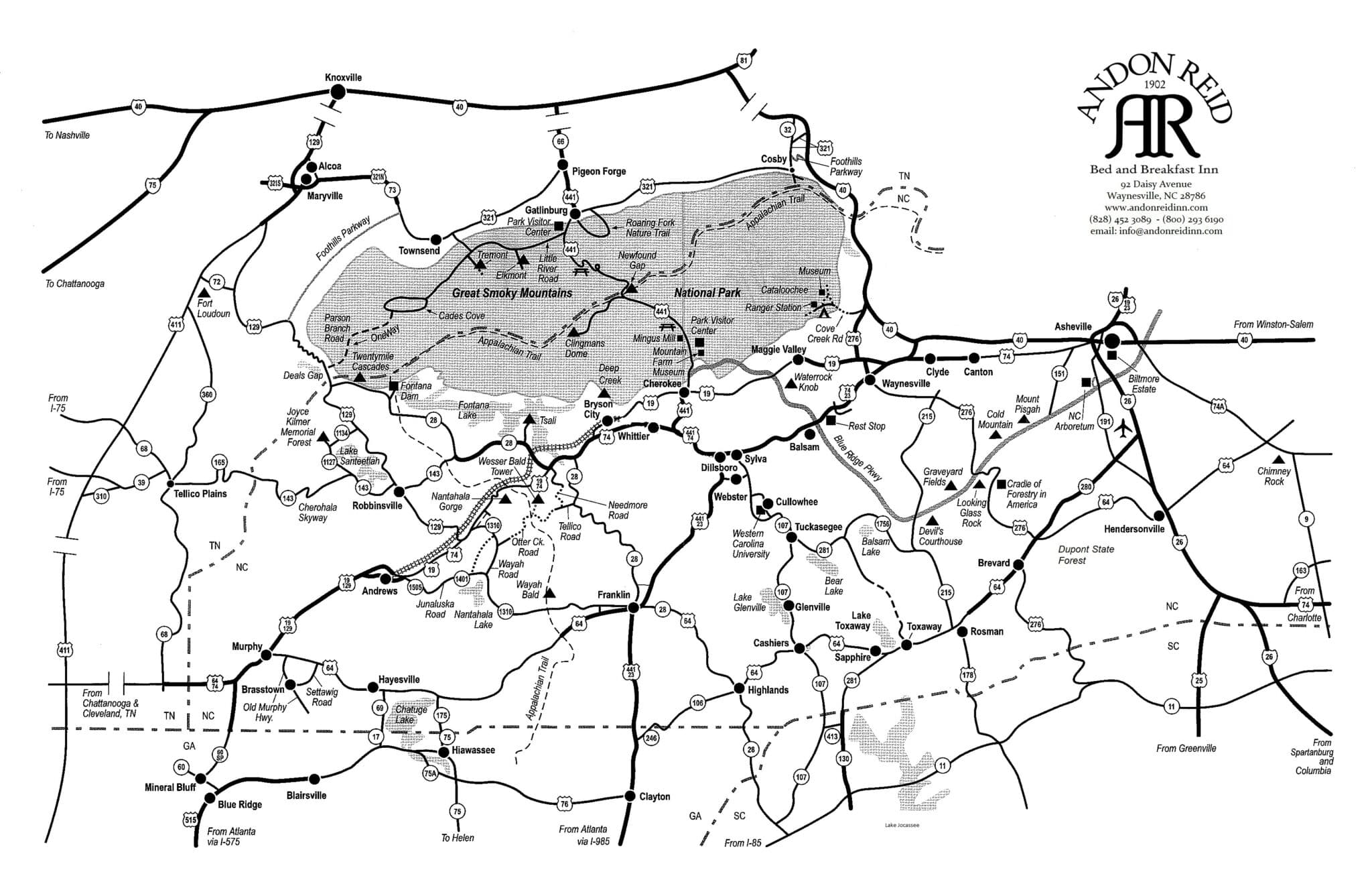 Map of Andon Reid Bed and Breakfast Inn's surrounding area in the Great Smoky Mountains, detailing roads and local landmarks. Map of Andon Reid Bed and Breakfast Inn's surrounding area in the Great Smoky Mountains, detailing roads and local landmarks.