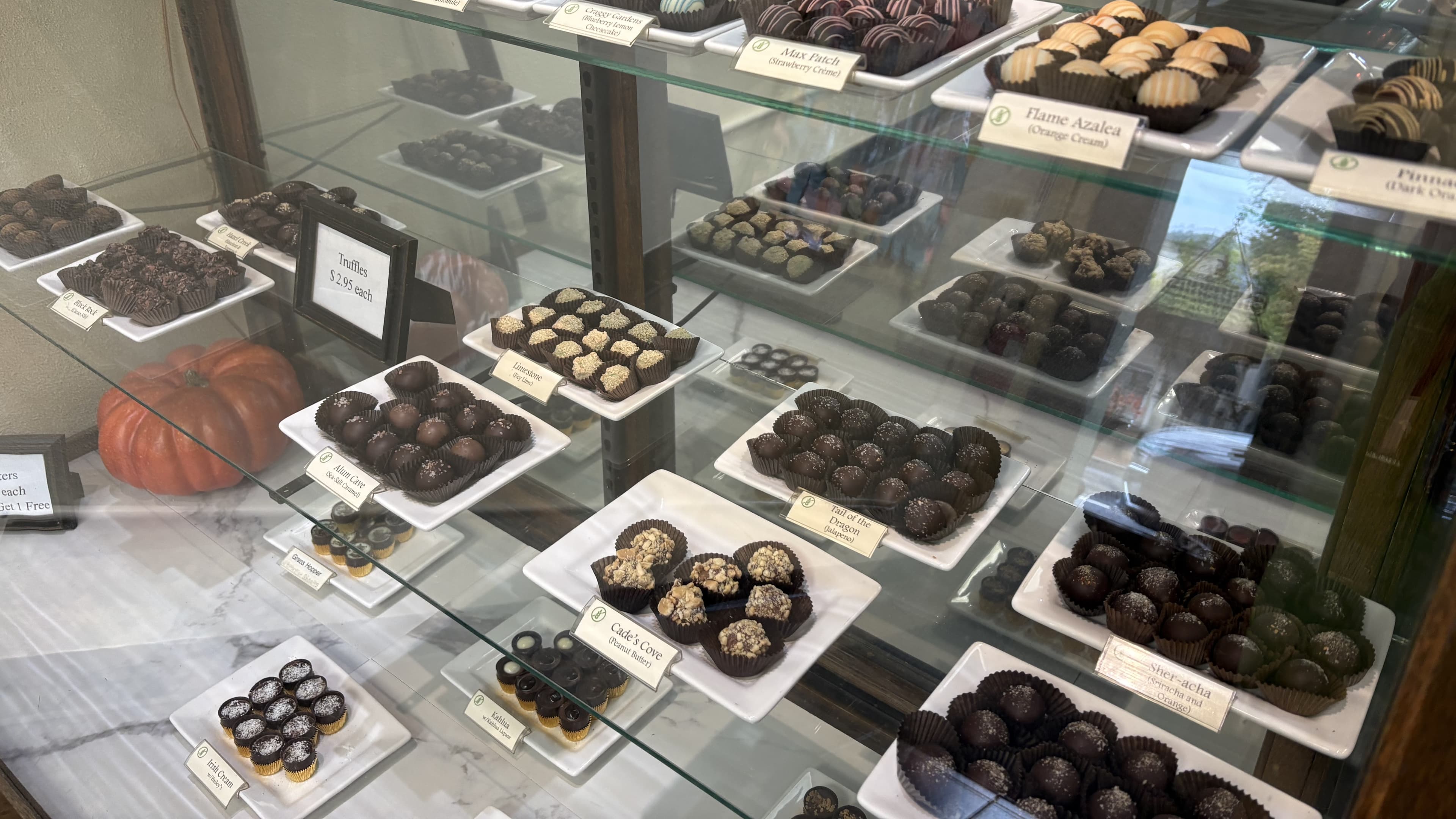 A display case filled with assorted chocolate truffles and confections.