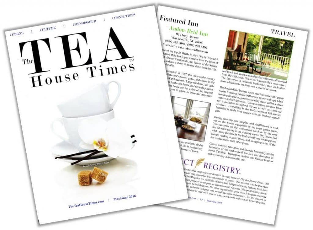 Magazine cover and feature article about tea culture and travel, showcasing the Andon-Reid Inn.