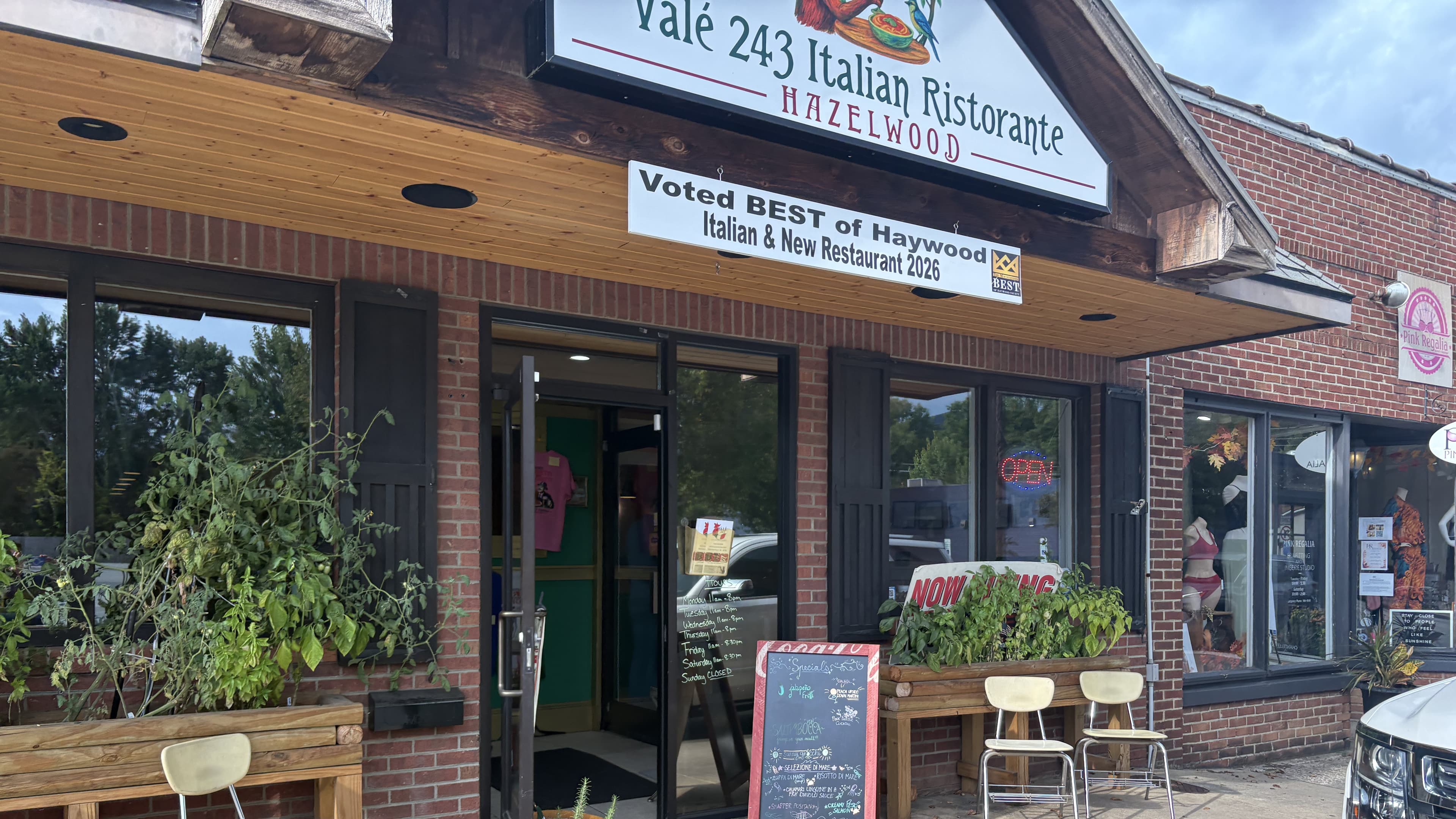 Exterior of Valé 243 Italian Ristorante in Hazelwood, featuring an award sign for Best Italian & New Restaurant 2023.