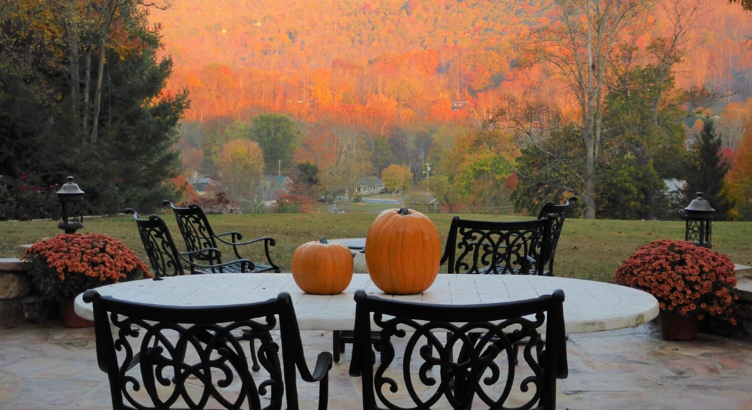 An outdoor patio with white table and black wrought-iron chairs overlooking a stunning fall clored forest