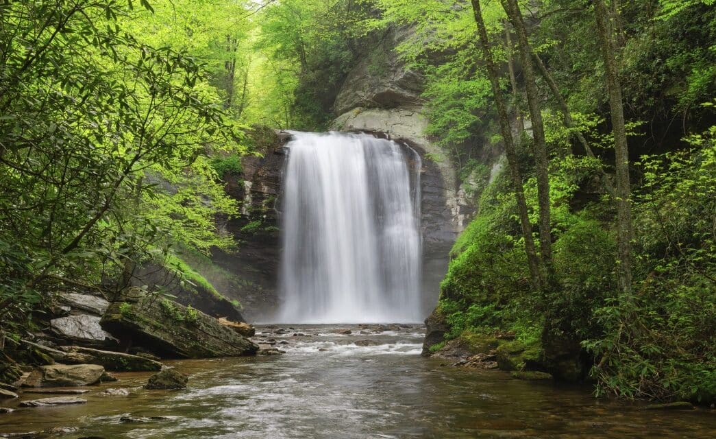 Large cascading waterfall with a pool below leading to a river in a densely forested area