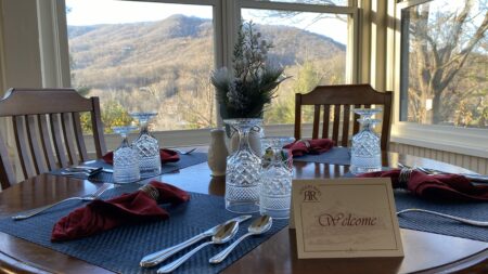 breakfast table at the Andon-Reid Inn in Waynesville, NC with view of the mountain